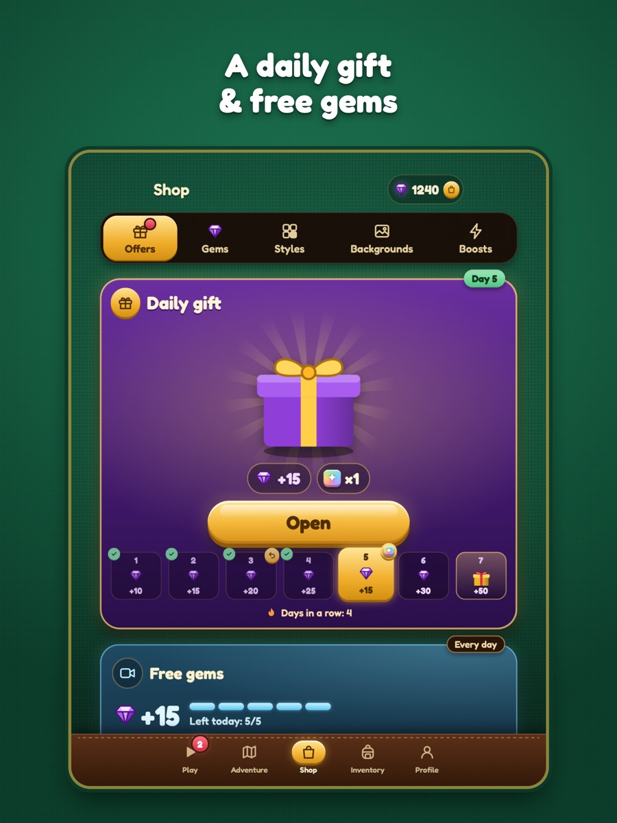 iPad screenshot 5: “A daily gift & free gems”