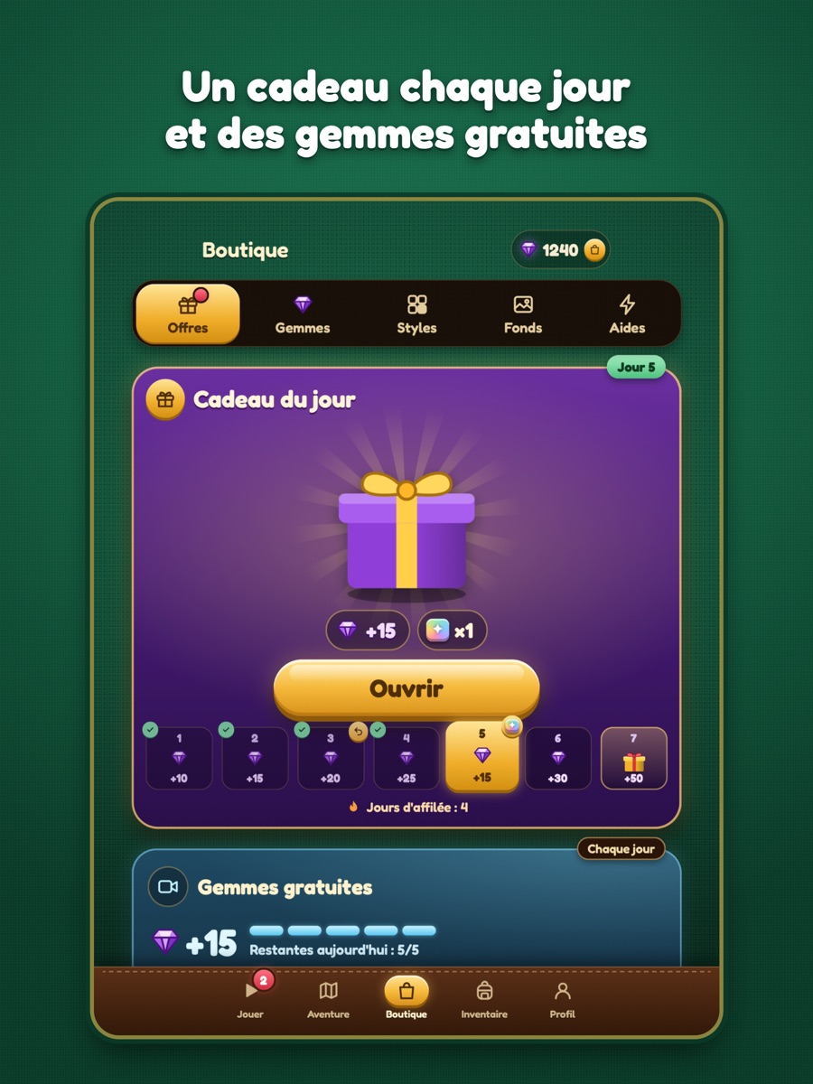 Capture iPad 5 : « Un cadeau chaque jour et des gemmes gratuites »