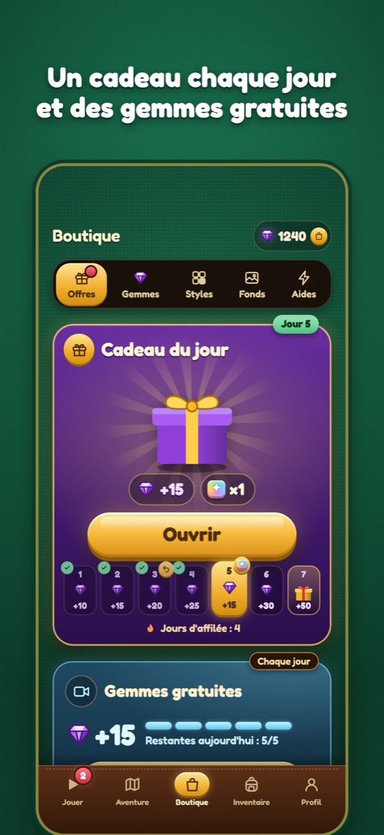 Capture iPhone 5 : « Un cadeau chaque jour et des gemmes gratuites »