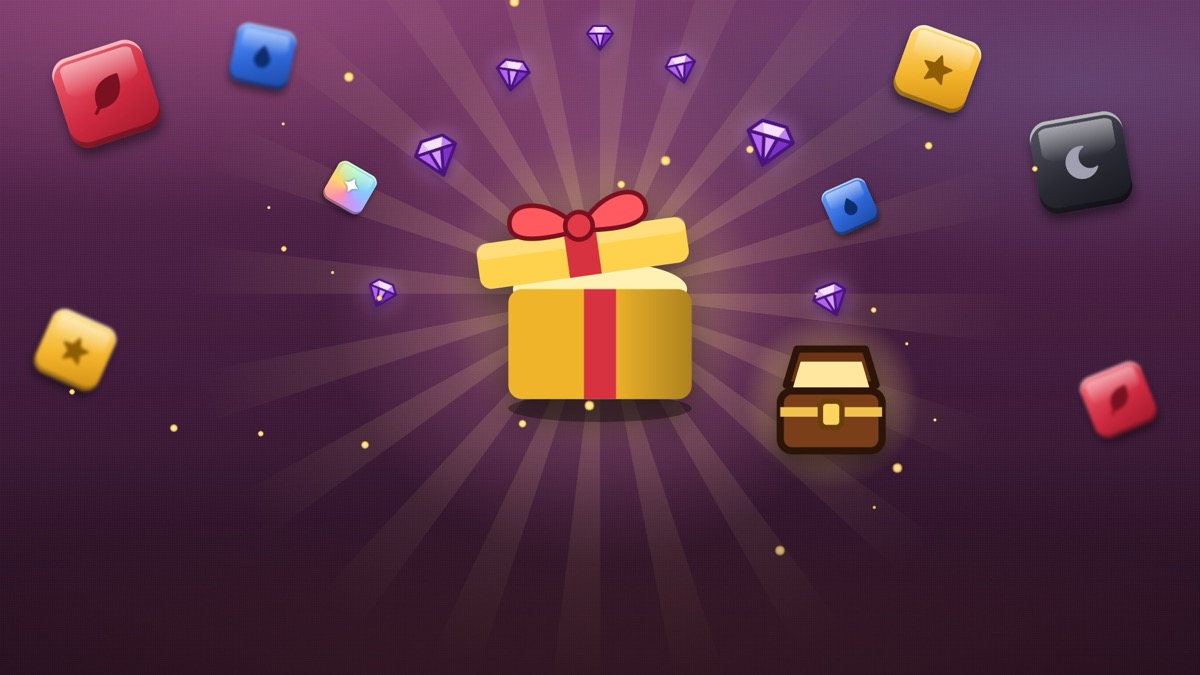 Bloc Flush key art: an open gift, a chest, purple gems and red, blue, yellow and black blocks on a purple background.